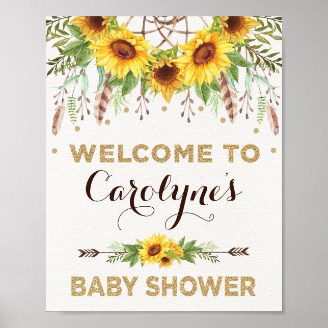 Sunflowers Baby Shower Rustic Boho Welcome Poster (Front)