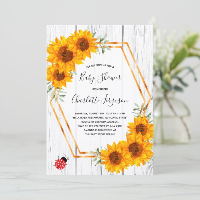 Sunflowers Baby Shower rustic gold geo ladybug Invitation (Standing Front)