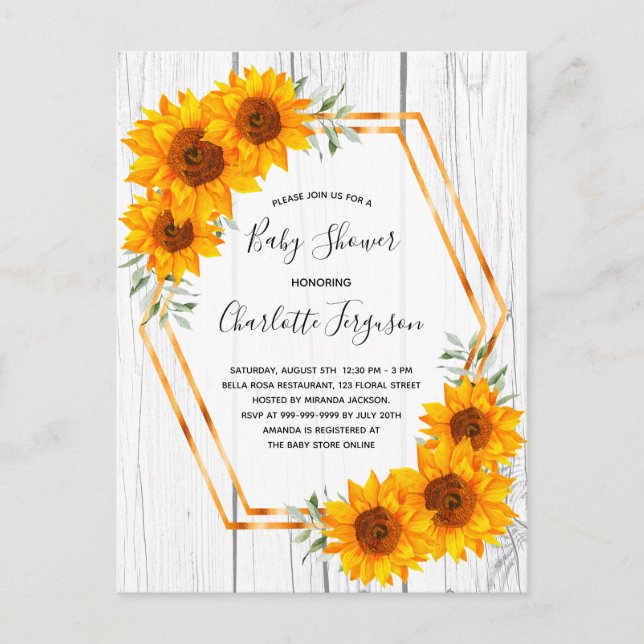 Sunflowers Baby Shower rustic wood invitation Postcard (Front)