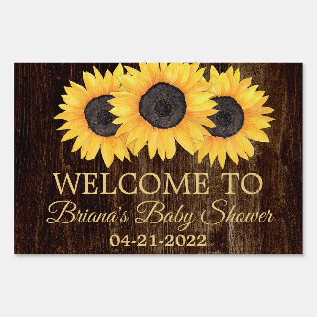 Sunflowers Baby Shower Rustic Wood Welcome Yard Sign (Front)