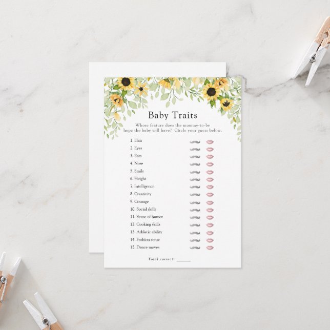 Sunflowers Baby Traits Shower Game Invitation (Front/Back In Situ)