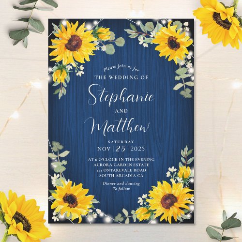 Sunflowers Babys Breath Lights Navy Wood Wedding Invitation