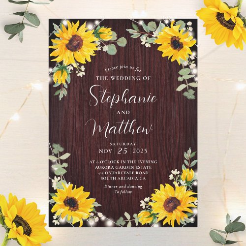 Sunflowers Babys Breath Lights Wood Wedding Invitation