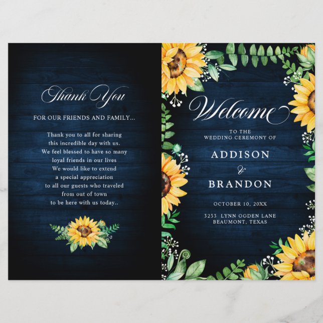 Sunflowers Baby's Breath Navy Blue Wedding Program (Front)