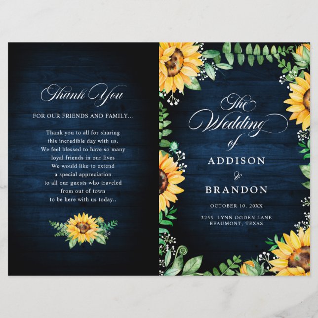 Sunflowers Baby's Breath Navy Blue Wedding Program (Front)