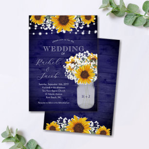 Sunflowers Babys Breath Navy Jar Lights Wedding Invitation