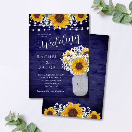 Sunflowers Babys Breath Navy Jar Lights Wedding Invitation