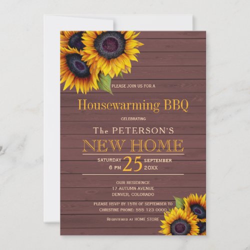 Sunflowers barn wood autumn housewarming bbq invitation