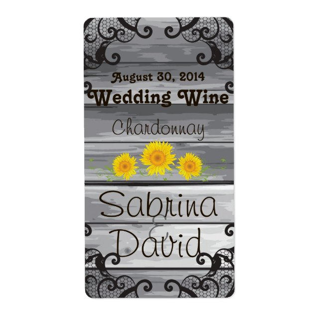 Sunflowers Barn Wood Collection Wedding Wine Label (Front)