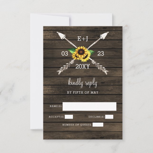 Sunflowers  Barn wood country chic wedding RSVP Card (Front)