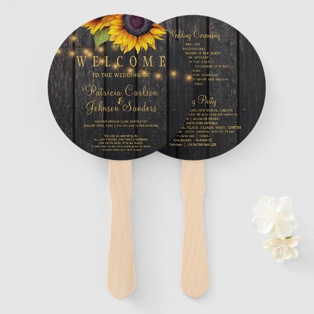 Sunflowers barn wood gold script wedding ceremony hand fan (Front and Back)