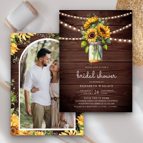 Sunflowers Barn Wood Mason Jar Photo Bridal Shower Invitation