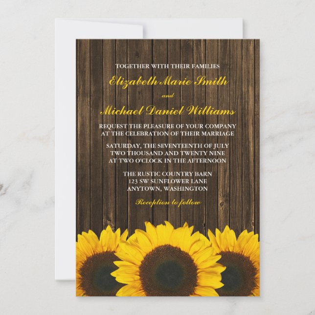 Sunflowers Barn Wood Wedding Invitation (Front)