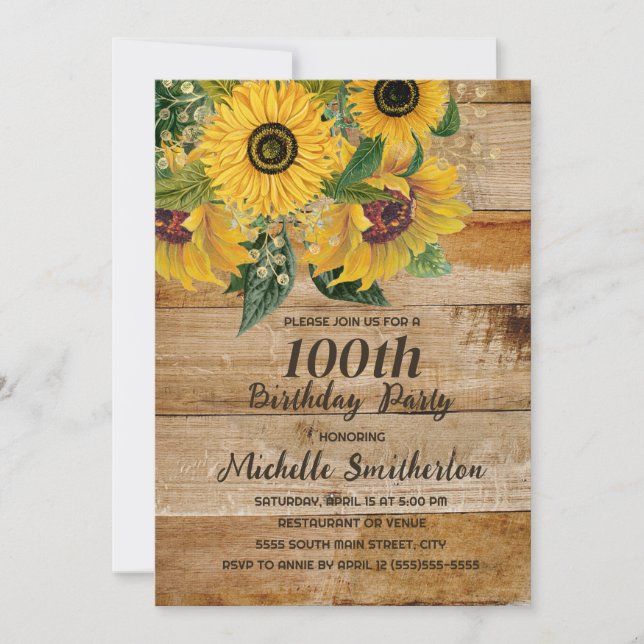 Sunflowers Barn Wood Western 100th Birthday Invitation (Front)