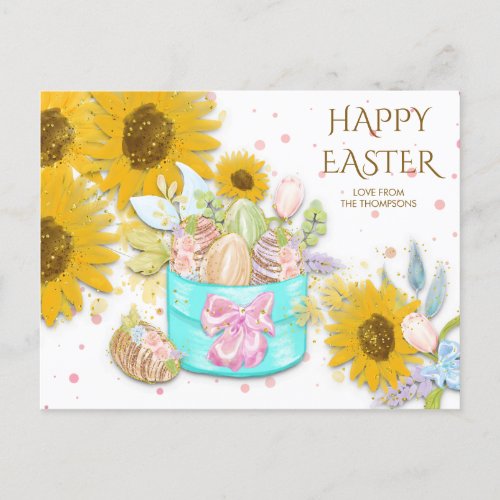 Sunflowers Basket Easter Eggs Name White Holiday Postcard