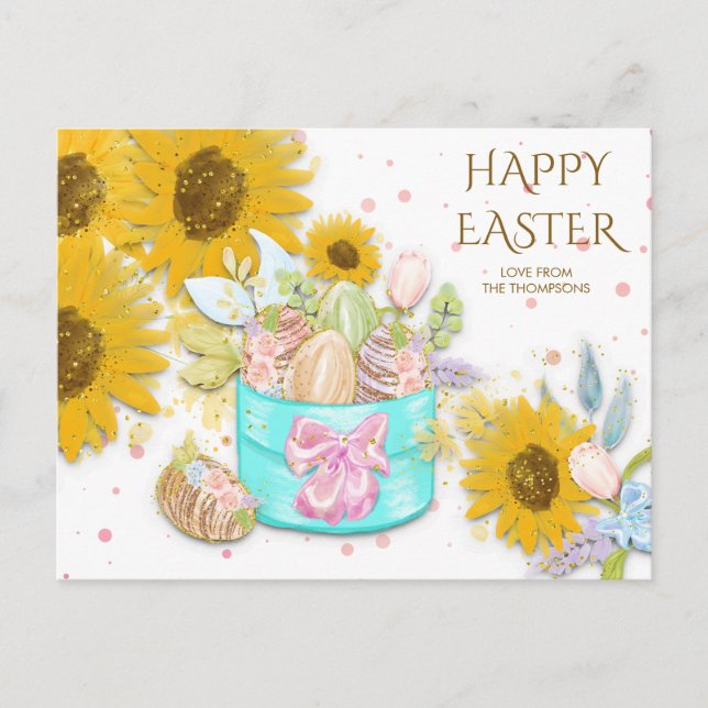 Sunflowers Basket Easter Eggs Name White Holiday Postcard (Front)