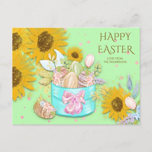 Sunflowers Basket Happy Easter Eggs Name Green Holiday Postcard