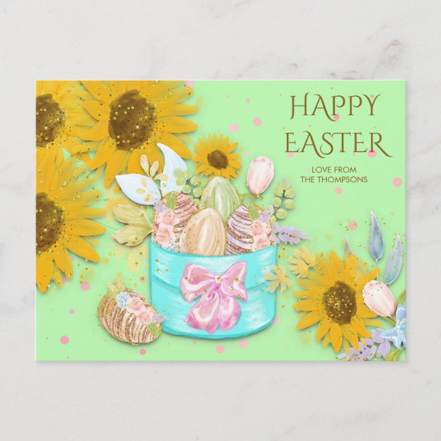 Sunflowers Basket Happy Easter Eggs Name Green Holiday Postcard (Front)