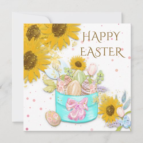 Sunflowers Basket of Eggs Happy Easter White Holiday Card