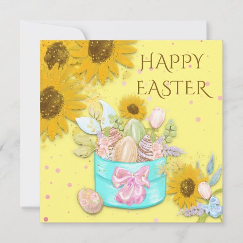 Sunflowers Basket of Eggs Happy Easter Yellow Holiday Card