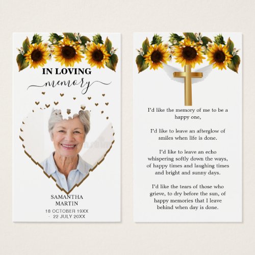 Sunflowers Beautiful Memorial Funeral Bookmark
