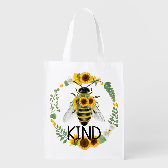Sunflowers Bee Be Kind Watercolor Kindness Grocery Bag (Front)