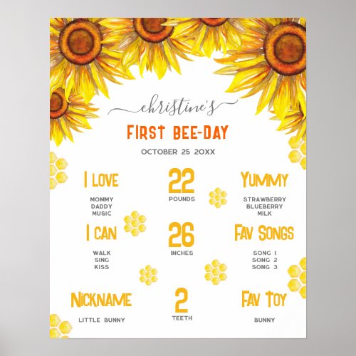 Sunflowers Bee Honey Girl 1st Birthday Milestone Poster