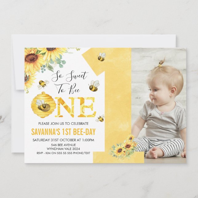 Sunflowers Bee Themed First Bee-day Birthday Invitation (Front)