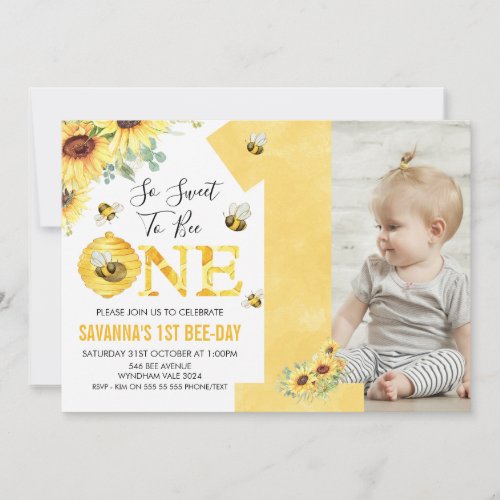 Sunflowers Bee Themed First Bee_day Birthday Invitation