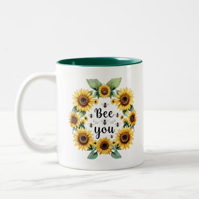 Sunflowers Bees Bee You Cute Trendy Inspirational Two-Tone Coffee Mug (Left)