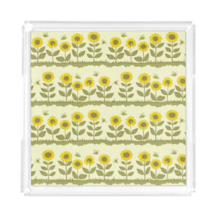 Sunflowers, bees, cute seamless pattern. acrylic tray