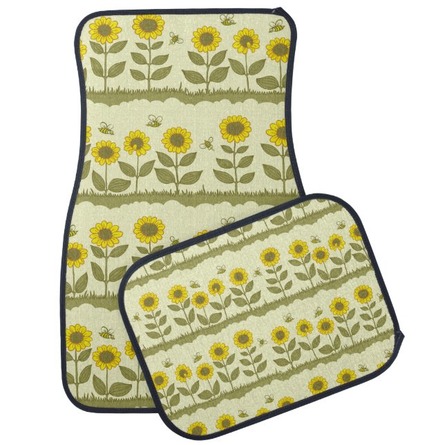 Sunflowers, bees, cute seamless pattern. car floor mat (Set)