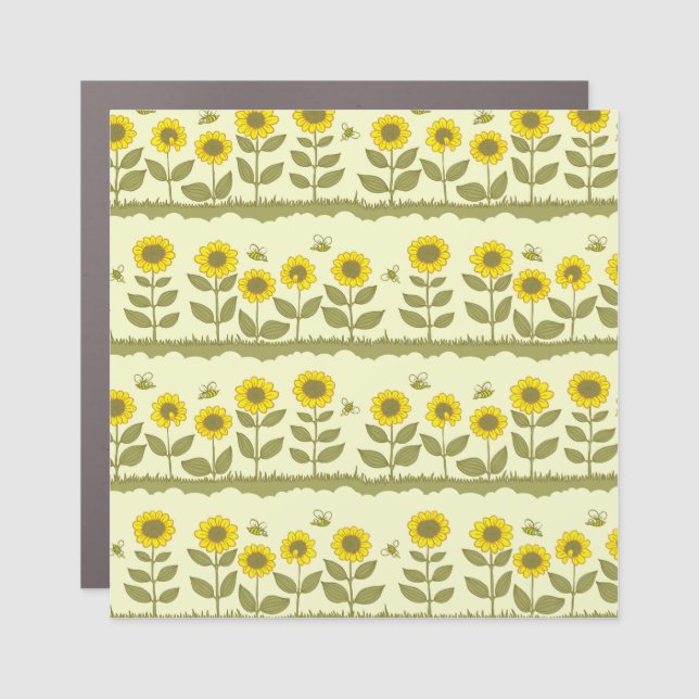 Sunflowers, bees, cute seamless pattern. car magnet (Front)