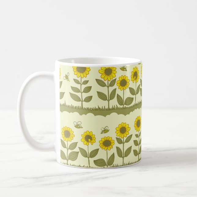 Sunflowers, bees, cute seamless pattern. coffee mug (Left)