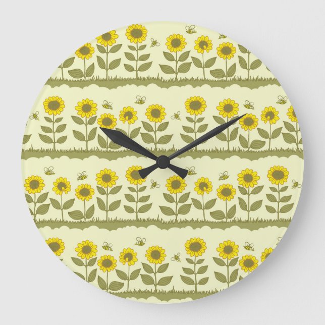 Sunflowers, bees, cute seamless pattern. large clock (Front)