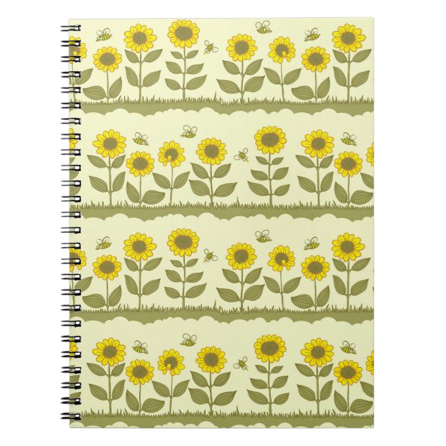 Sunflowers, bees, cute seamless pattern. notebook (Front)