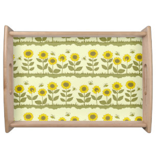 Sunflowers, bees, cute seamless pattern. serving tray