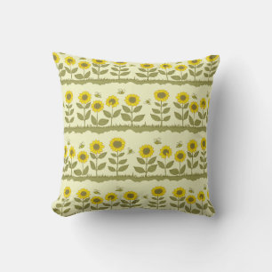 Sunflowers, bees, cute seamless pattern. throw pillow