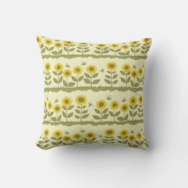 Sunflowers, bees, cute seamless pattern. throw pillow (Front)