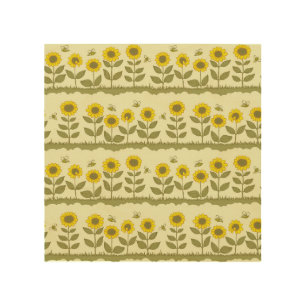 Sunflowers, bees, cute seamless pattern. wood wall art