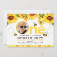 Sunflowers Bees Hearts Bee-Day Photo 1st Birthday Invitation