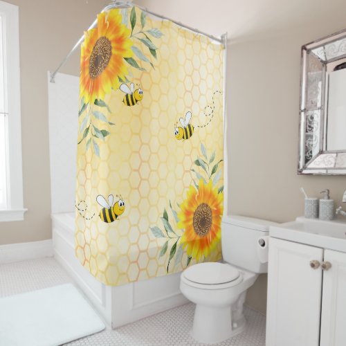 Sunflowers bees yellow honeycomb shower curtain