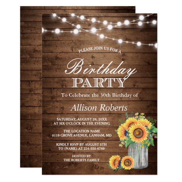 Sunflowers Birthday Party Rustic String Lights Card (front side)