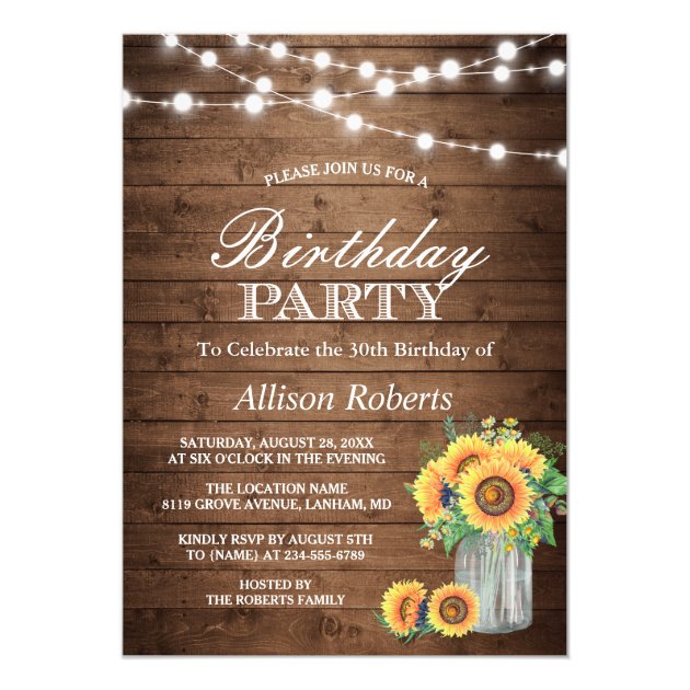Sunflowers Birthday Party Rustic String Lights Card