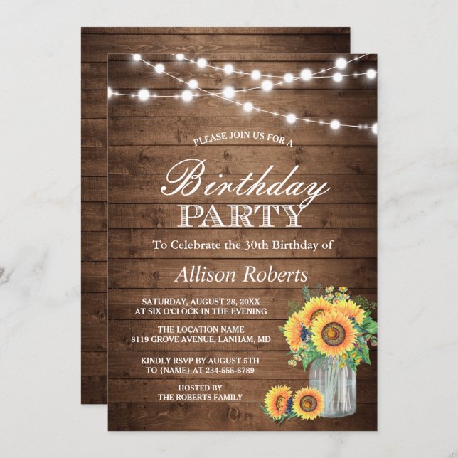 Sunflowers Birthday Party Rustic String Lights Invitation (Front/Back)