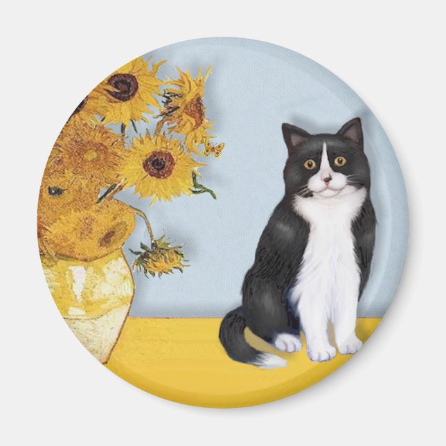 Sunflowers - Black and white cat Magnet (Front)