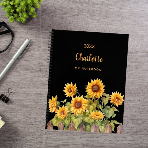 Sunflowers black floral rustic notebook