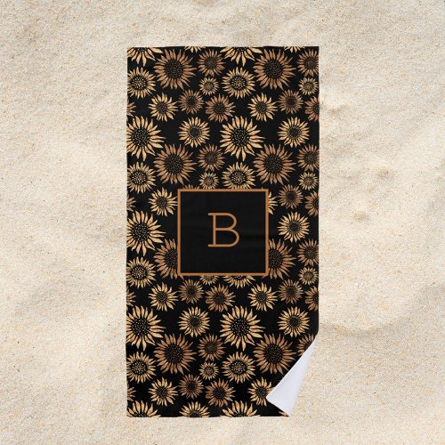 Sunflowers black gold monogram initial beach towel