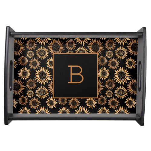 Sunflowers black gold monogram initial serving tray