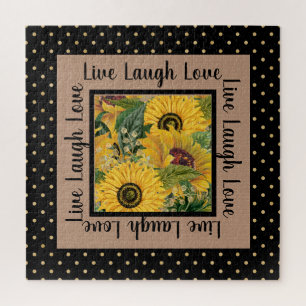 Sunflowers Black Gold Polka Dot Live Laugh Love Jigsaw Puzzle